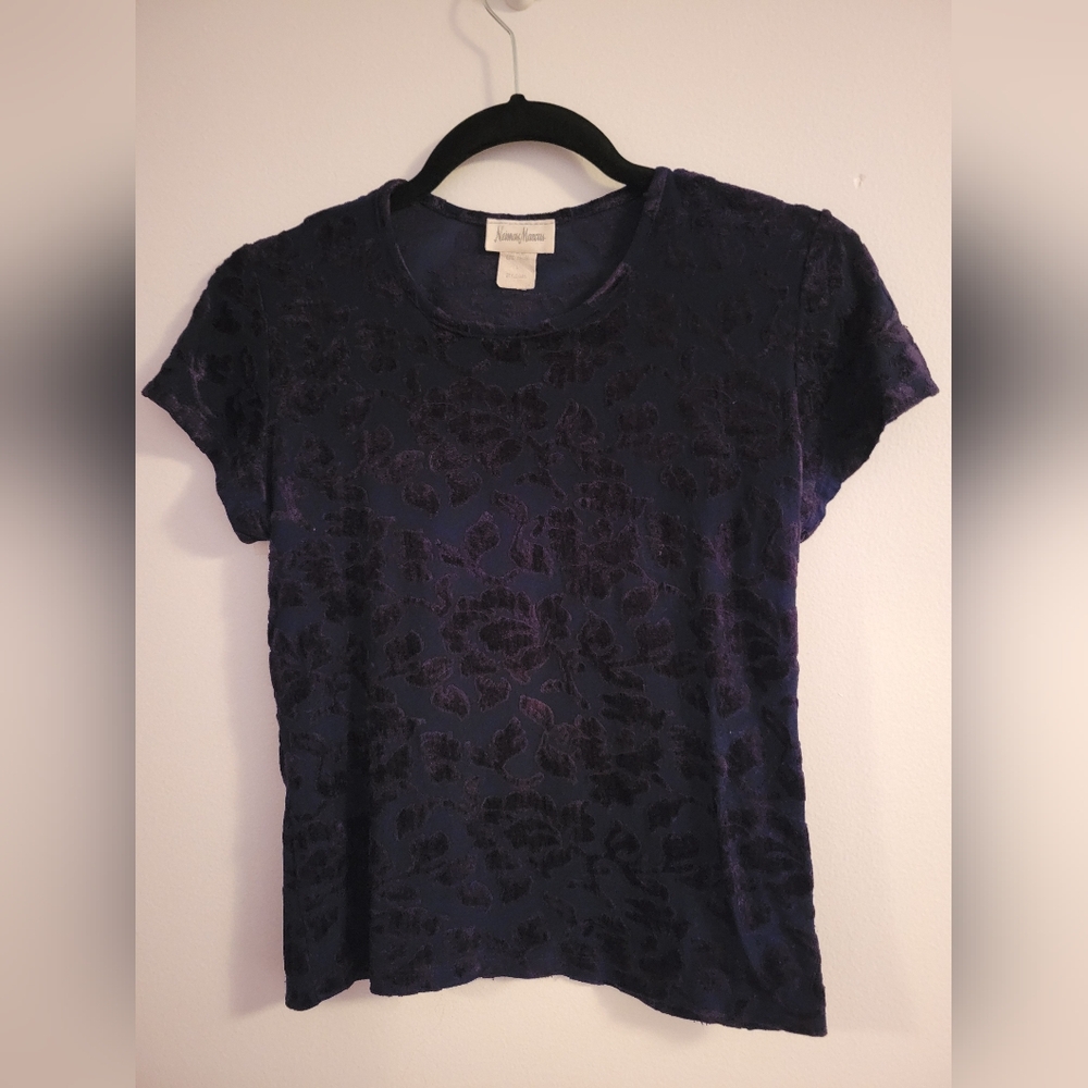 Neiman Marcus Blue Floral Velvet Burnout Top - Petite M